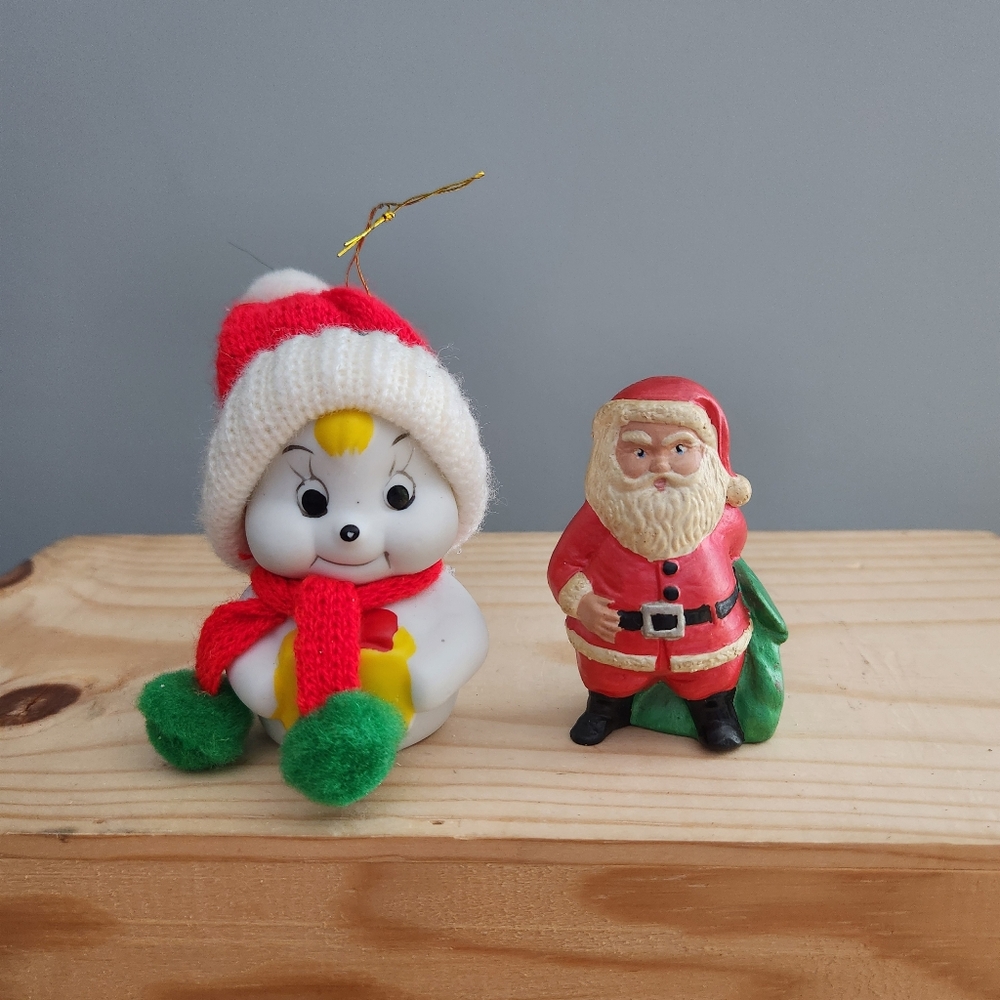 Vintage Christmas Ornaments Pair Santa and Snowman Bell